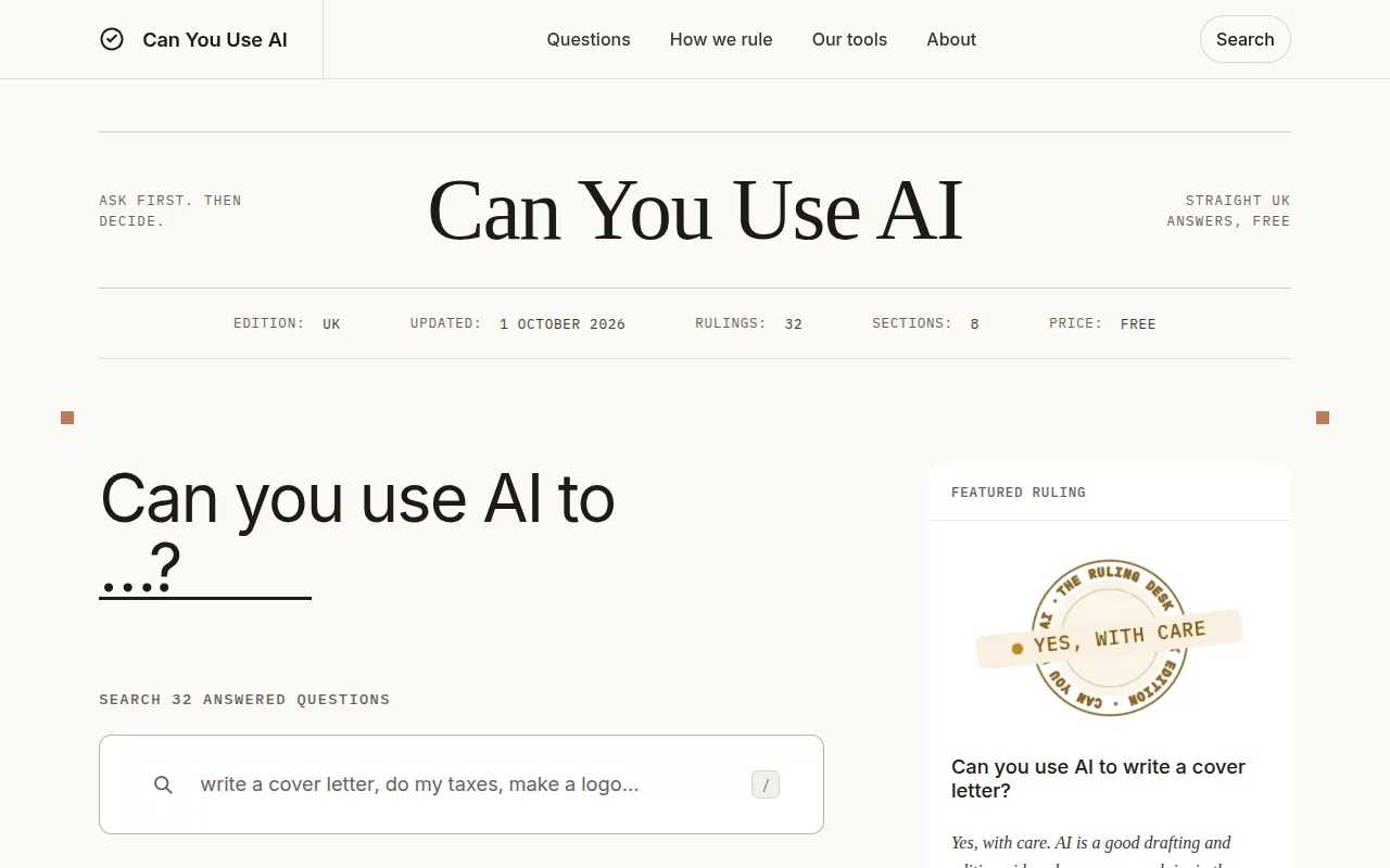 Can You Use AI: the product's homepage