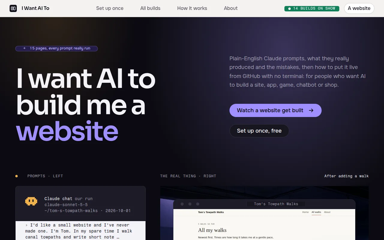I Want AI To: the product's homepage