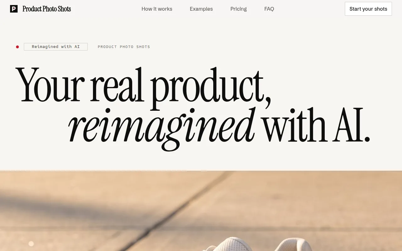 Product Photo Shots: the product's homepage